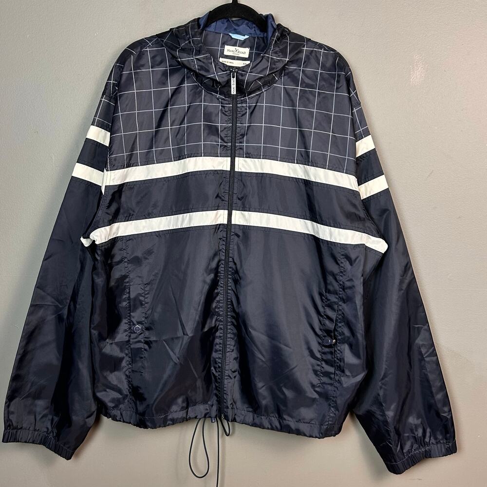 Marc‎ Ecko Windbreaker jacket XXL stripe plaid Cut & Sew Y2K VTG Blue hood